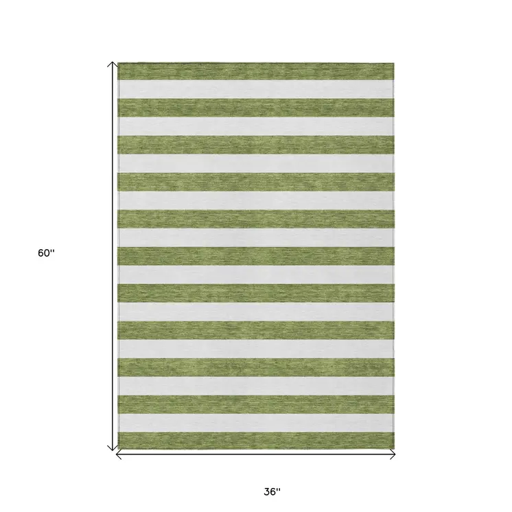 3' X 5' Olive Green Striped Washable Non Skid Indoor Outdoor Area Rug