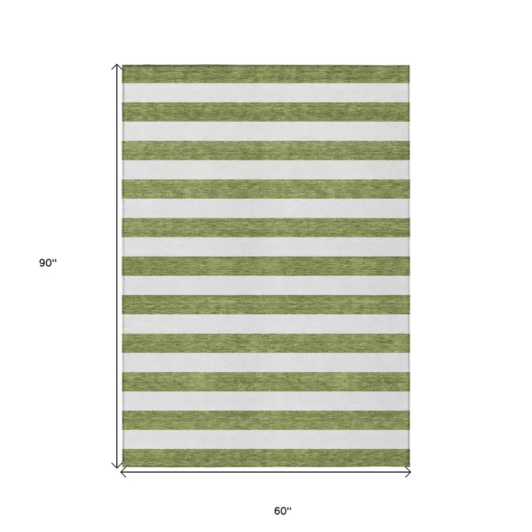 5' X 8' Olive Green Striped Washable Non Skid Indoor Outdoor Area Rug