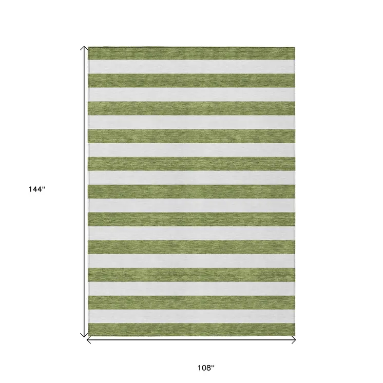 9' X 12' Olive Green Striped Washable Non Skid Indoor Outdoor Area Rug