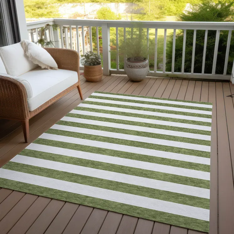 9' X 12' Olive Green Striped Washable Non Skid Indoor Outdoor Area Rug