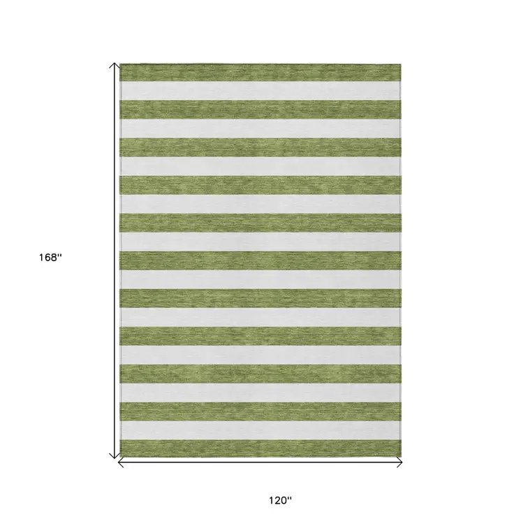 10' X 14' Olive Green Striped Washable Non Skid Indoor Outdoor Area Rug