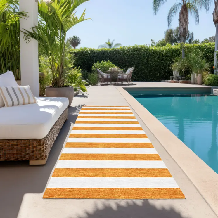 2' X 8' Orange and White Striped Washable Indoor Outdoor Runner Rug