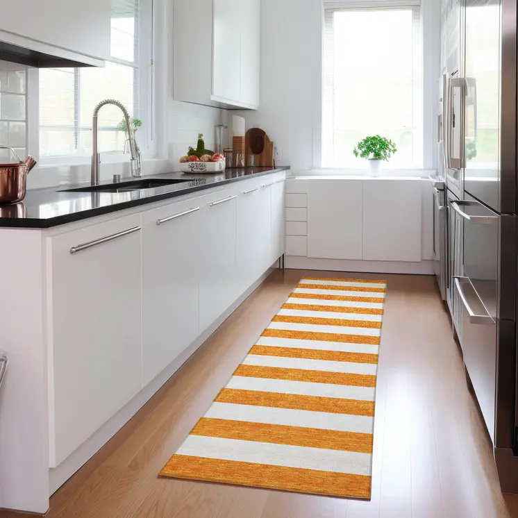 2' X 8' Orange and White Striped Washable Indoor Outdoor Runner Rug