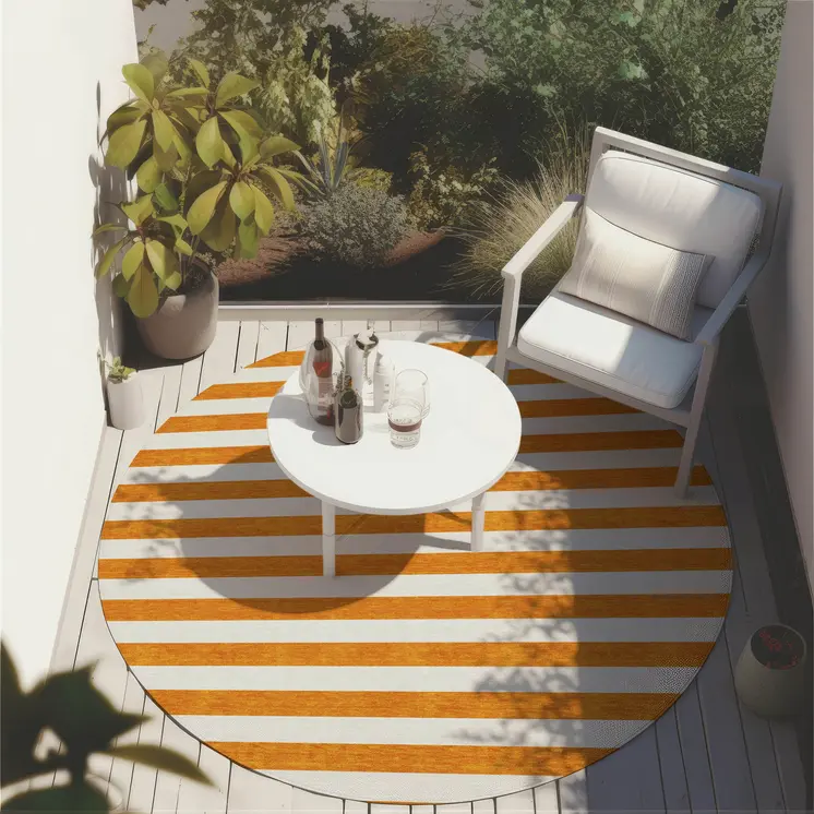 8' Round Orange and White Round Striped Washable Non Skid Indoor Outdoor Area Rug