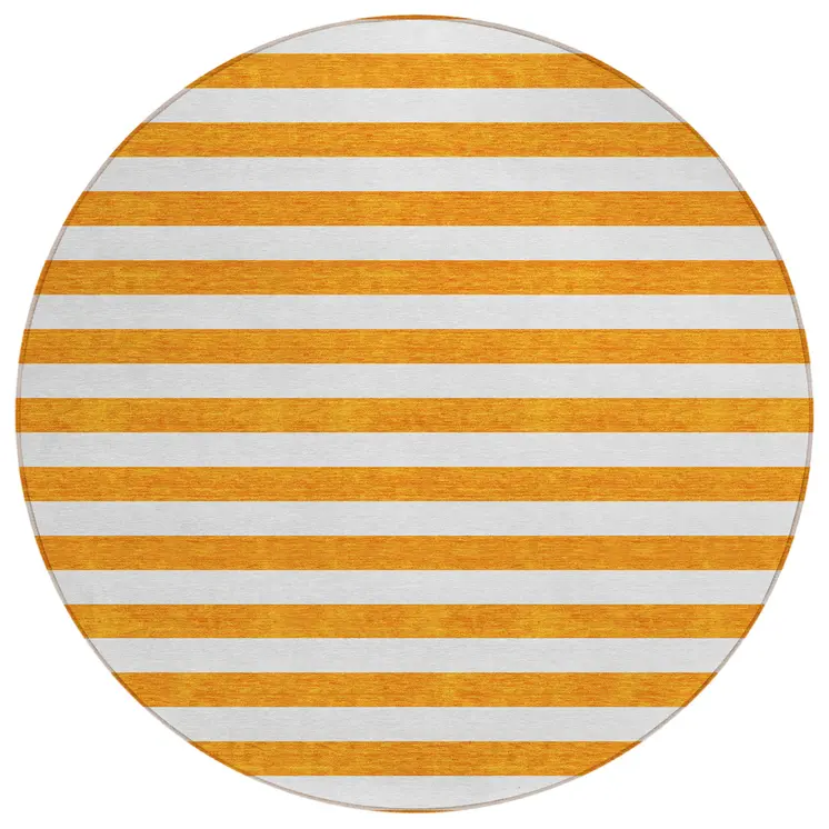 8' Round Orange and White Round Striped Washable Non Skid Indoor Outdoor Area Rug