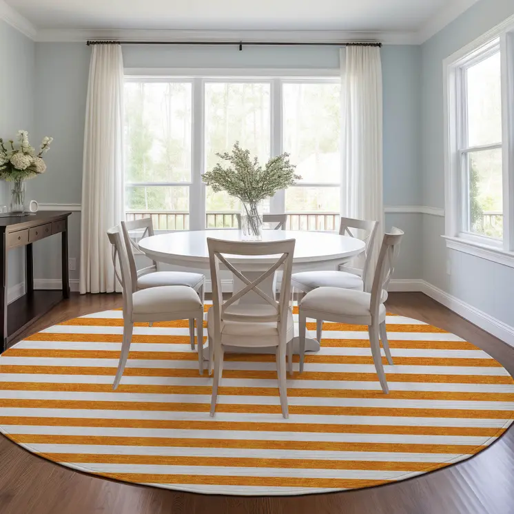 8' Round Orange and White Round Striped Washable Non Skid Indoor Outdoor Area Rug