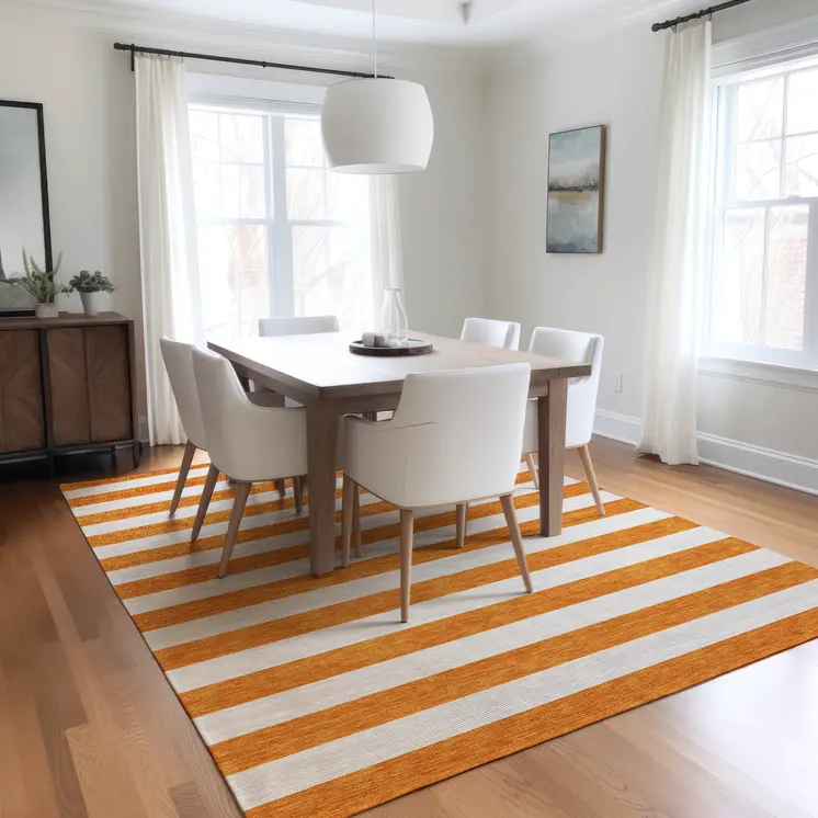 8' X 10' Orange and White Striped Washable Non Skid Indoor Outdoor Area Rug