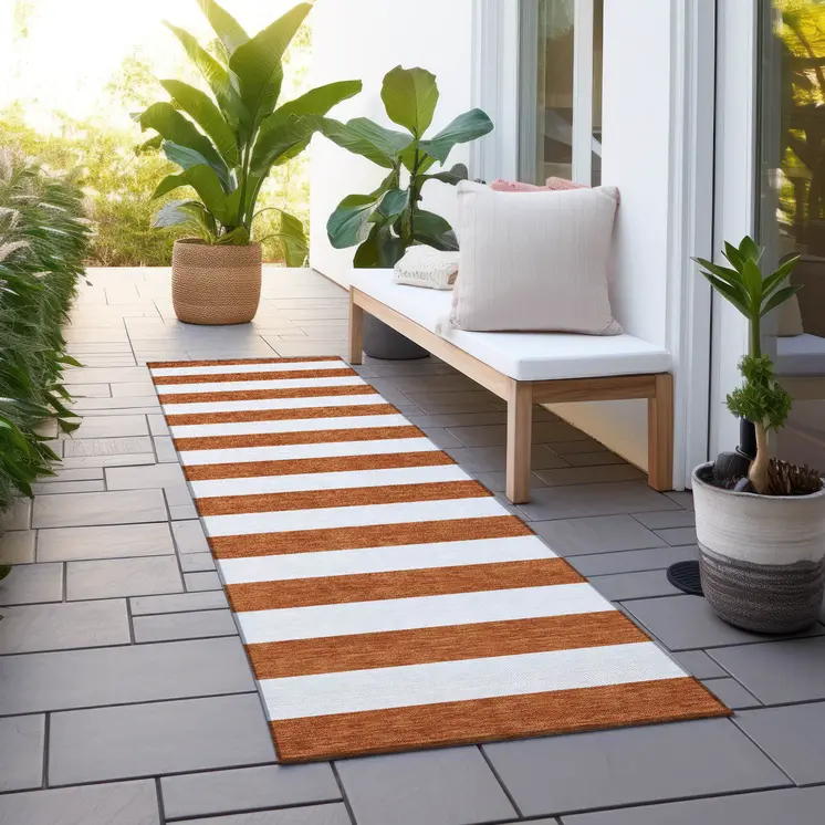 8' Runner Orange Striped Washable Non Skid Indoor Outdoor Runner Rug