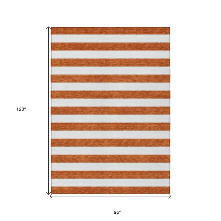 8' X 10' Orange Striped Washable Non Skid Indoor Outdoor Area Rug