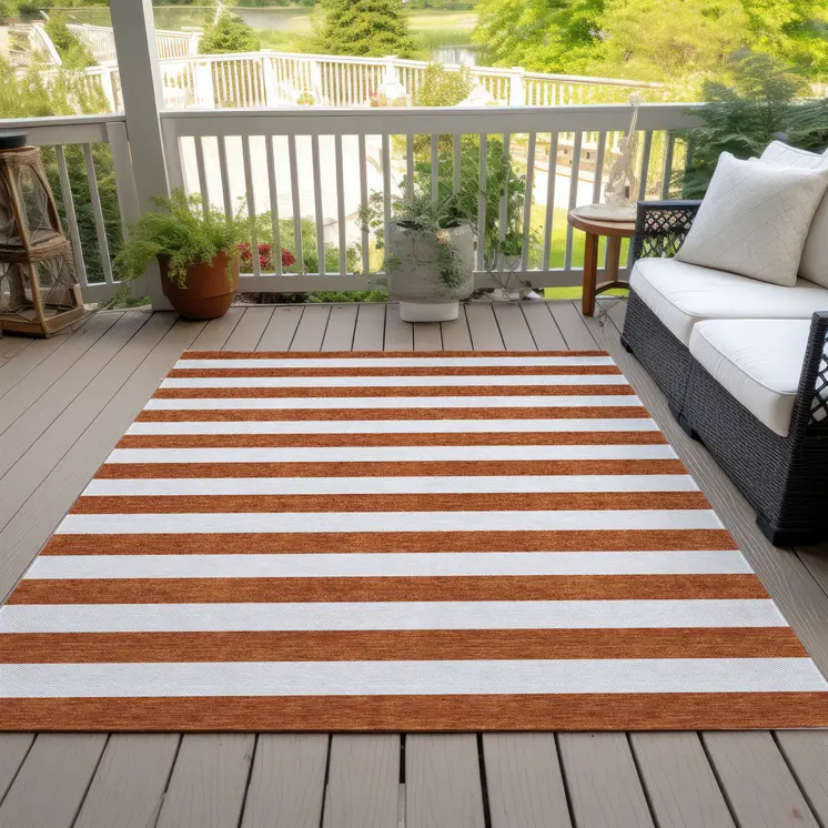 8' X 10' Orange Striped Washable Non Skid Indoor Outdoor Area Rug