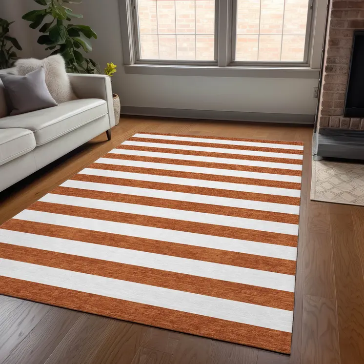 8' X 10' Orange Striped Washable Non Skid Indoor Outdoor Area Rug