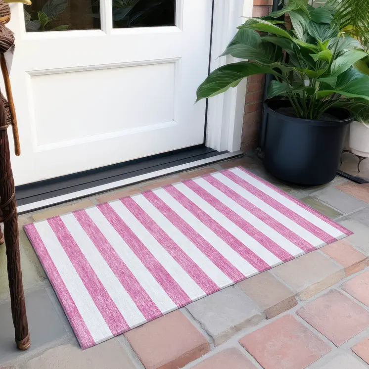 2' X 3' Pink and White Striped Washable Non Skid Indoor Outdoor Area Rug