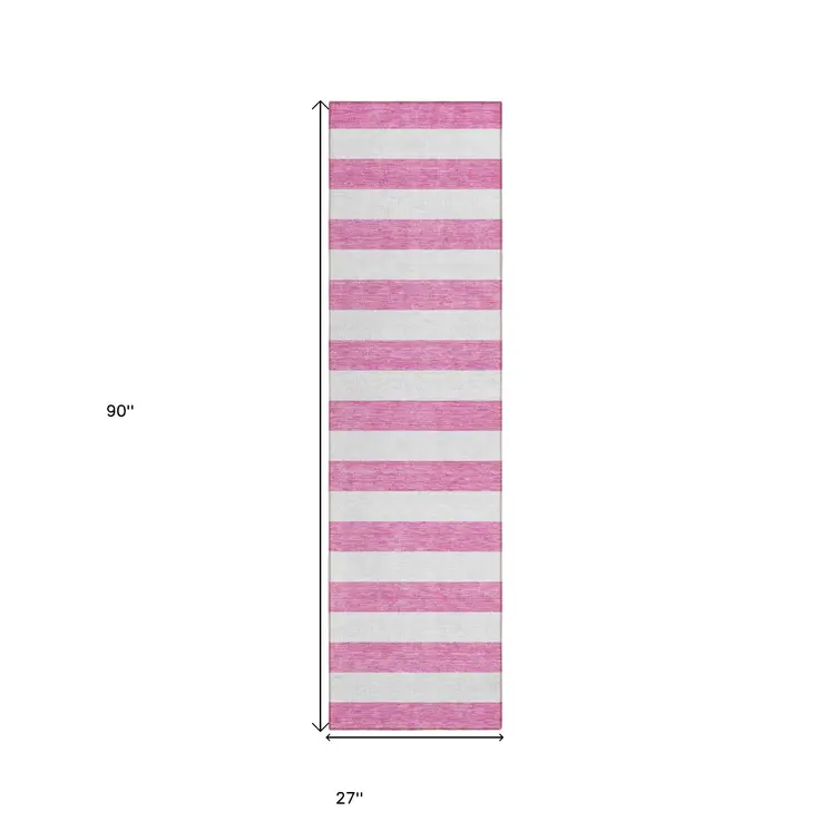 2' X 8' Pink and White Striped Washable Indoor Outdoor Runner Rug