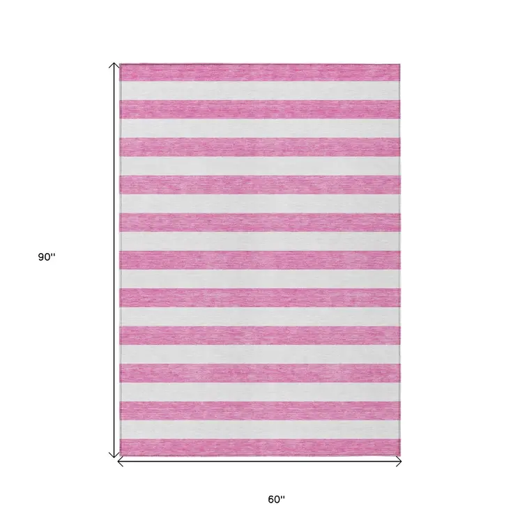 5' X 8' Pink and White Striped Washable Non Skid Indoor Outdoor Area Rug
