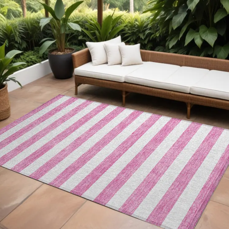 10' X 14' Pink and White Striped Washable Non Skid Indoor Outdoor Area Rug
