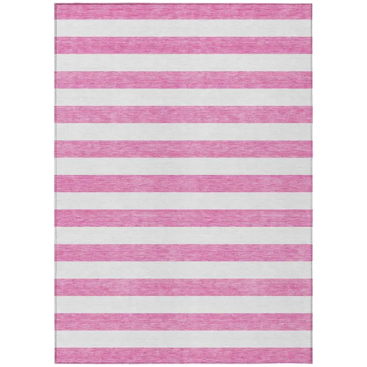 10' X 14' Pink and White Striped Washable Non Skid Indoor Outdoor Area Rug