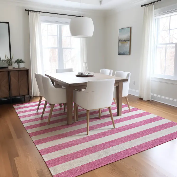 10' X 14' Pink and White Striped Washable Non Skid Indoor Outdoor Area Rug