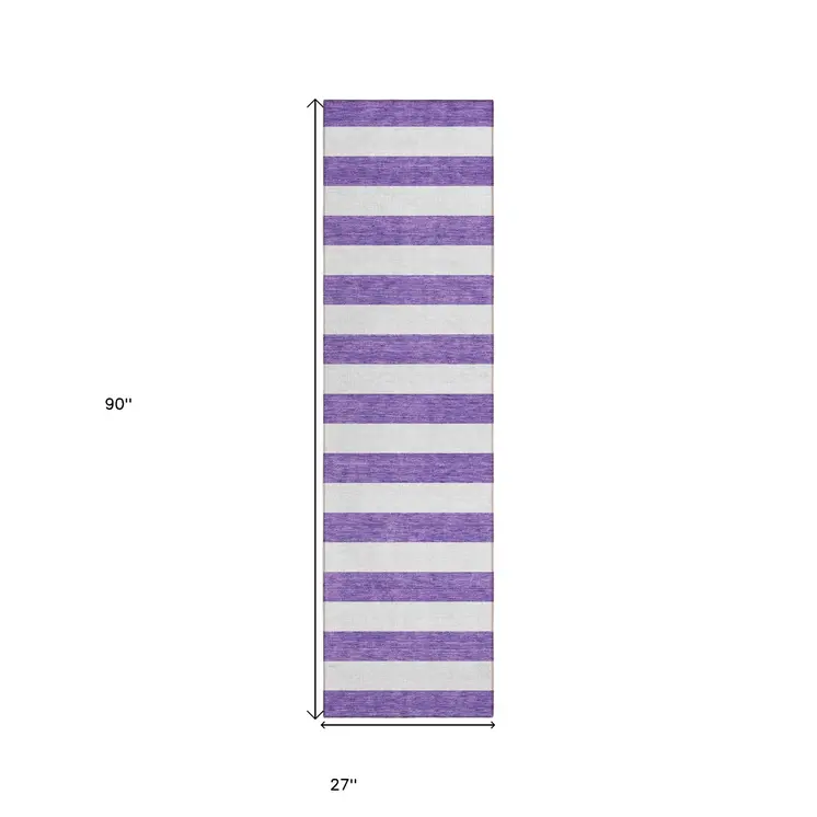 8' Runner Purple and White Striped Washable Non Skid Indoor Outdoor Runner Rug