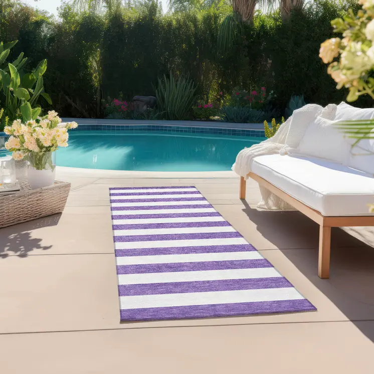 8' Runner Purple and White Striped Washable Non Skid Indoor Outdoor Runner Rug