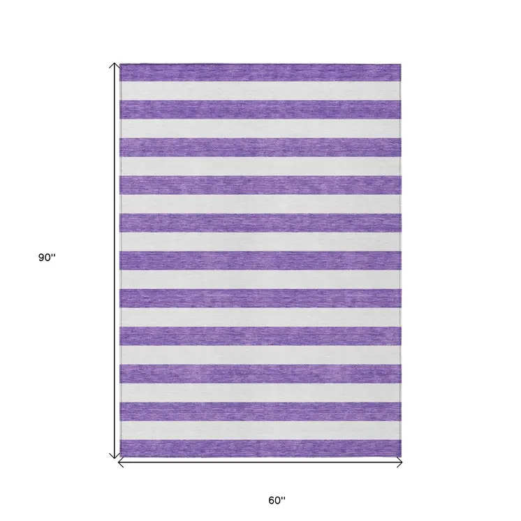 5' X 8' Purple and White Striped Washable Non Skid Indoor Outdoor Area Rug