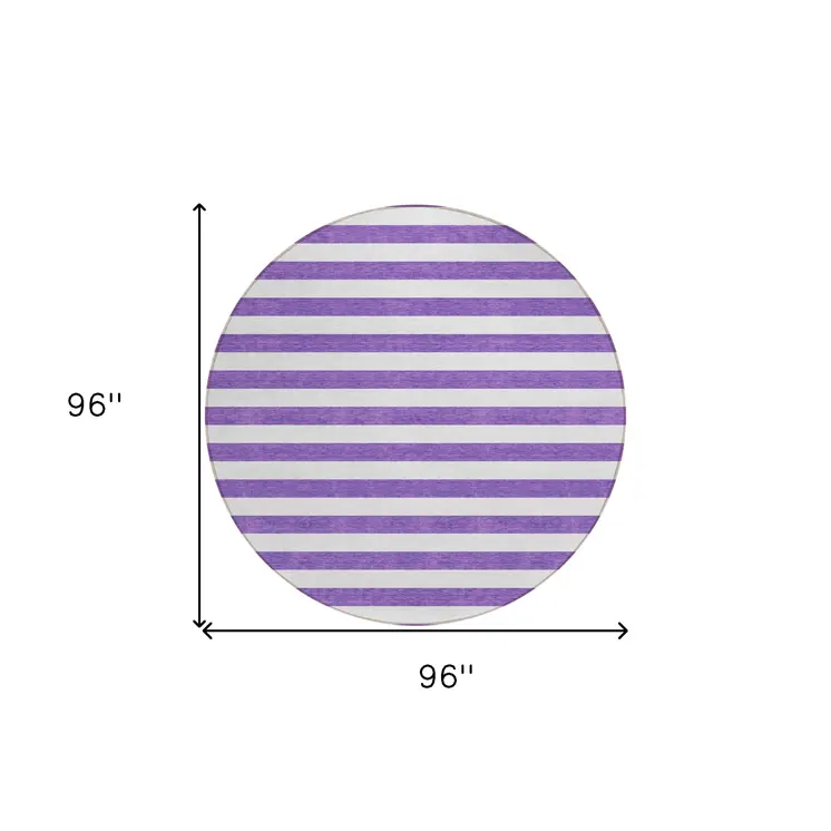8' Round Purple and White Round Striped Washable Non Skid Indoor Outdoor Area Rug