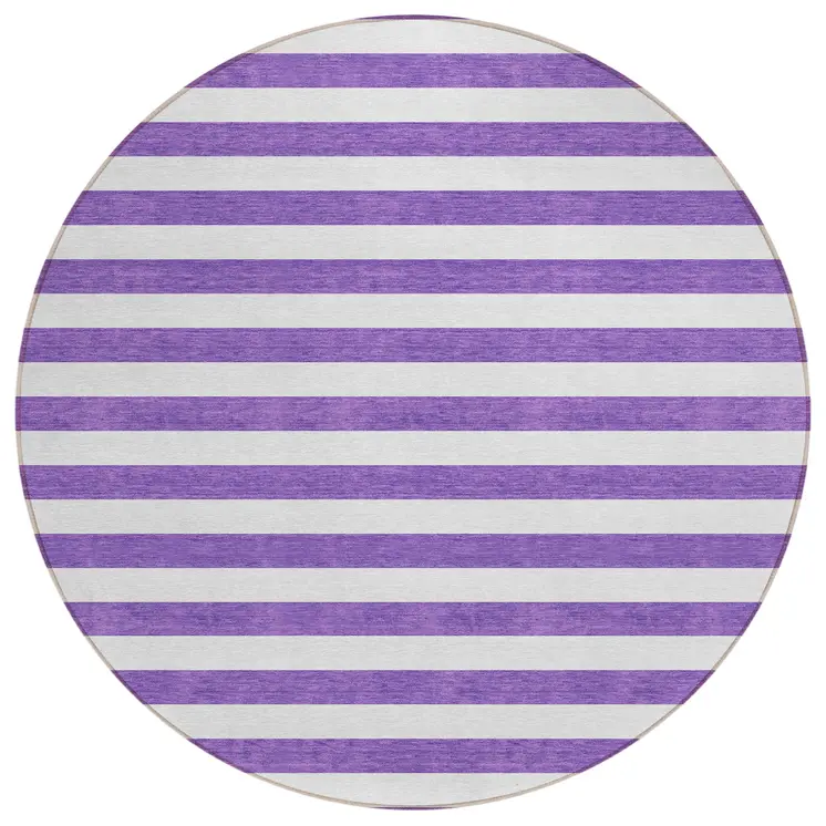 8' Round Purple and White Round Striped Washable Non Skid Indoor Outdoor Area Rug