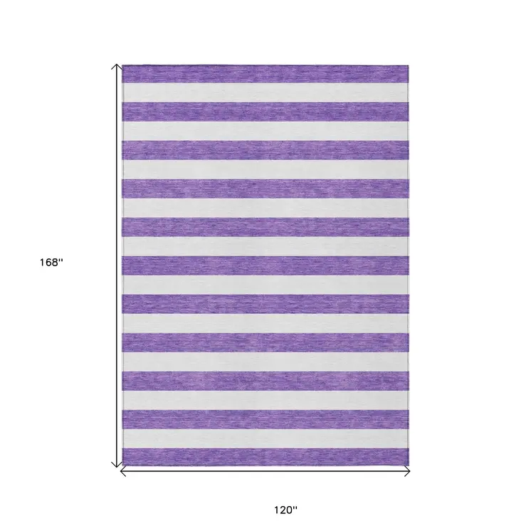 10' X 14' Purple and White Striped Washable Non Skid Indoor Outdoor Area Rug