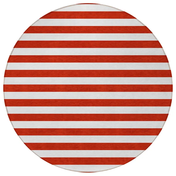 8' Round Red and White Round Striped Washable Non Skid Indoor Outdoor Area Rug