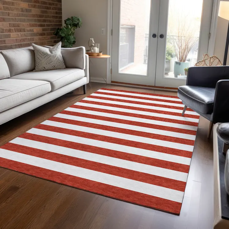 8' X 10' Red and White Striped Washable Non Skid Indoor Outdoor Area Rug