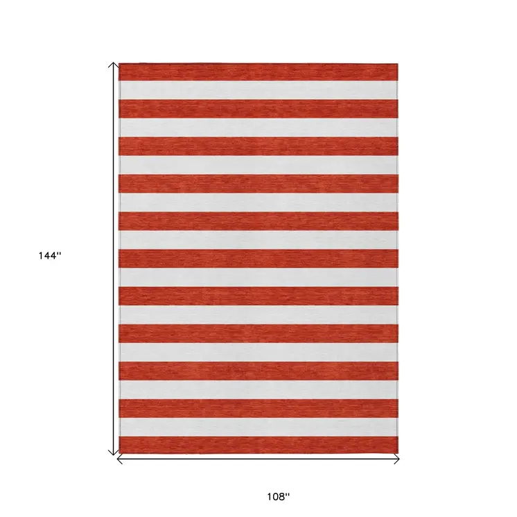 9' X 12' Red and White Striped Washable Non Skid Indoor Outdoor Area Rug