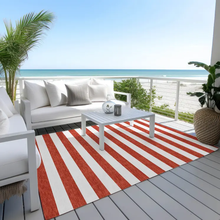 9' X 12' Red and White Striped Washable Non Skid Indoor Outdoor Area Rug