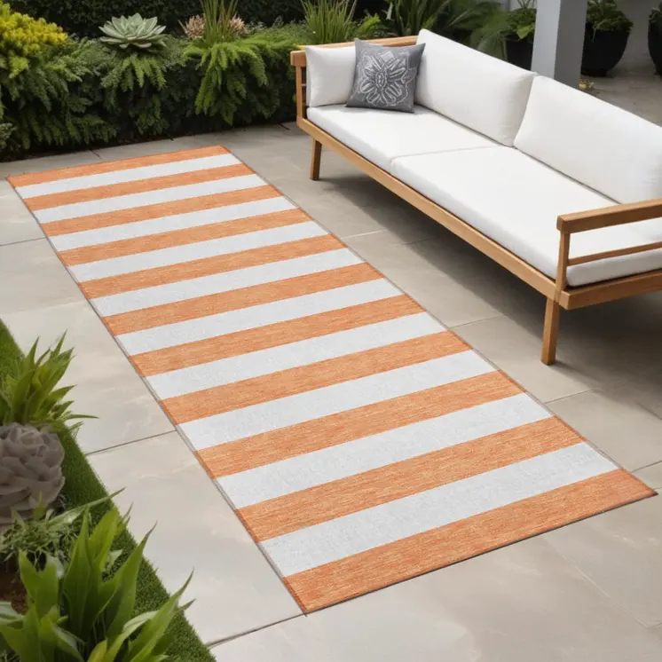 2' X 8' Salmon Striped Washable Indoor Outdoor Runner Rug