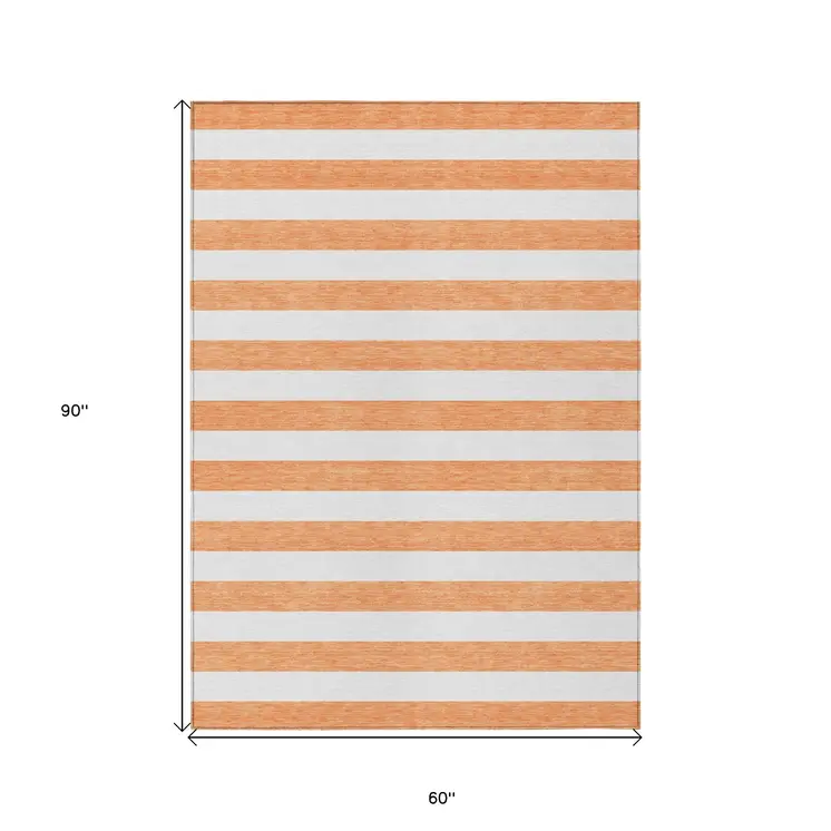 5' X 8' Salmon Striped Washable Non Skid Indoor Outdoor Area Rug