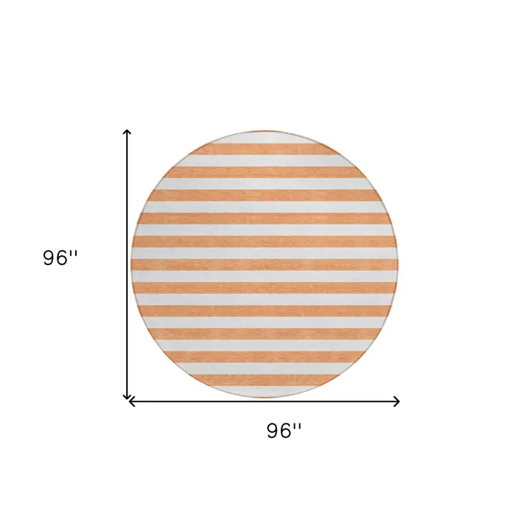 8' Round Salmon Round Striped Washable Non Skid Indoor Outdoor Area Rug