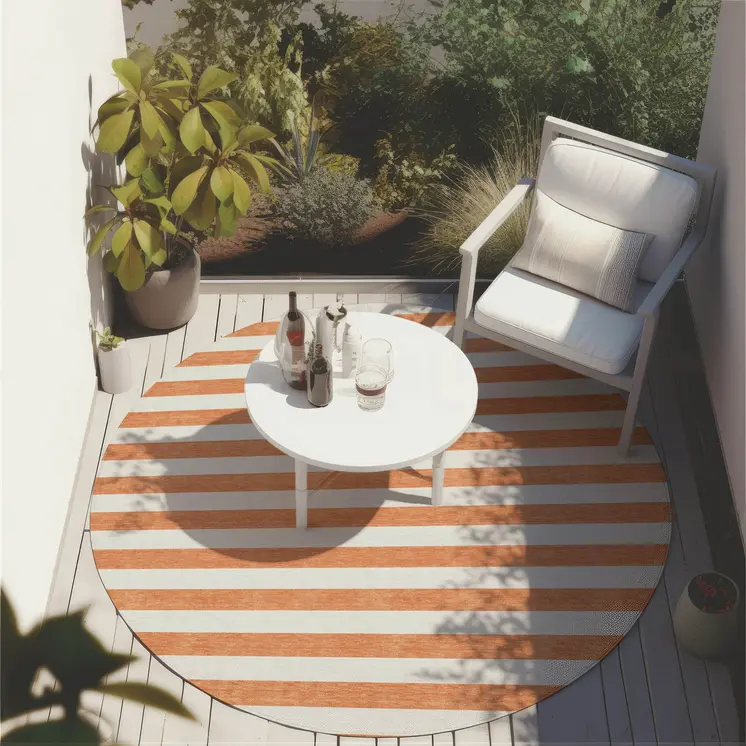 8' Round Salmon Round Striped Washable Non Skid Indoor Outdoor Area Rug