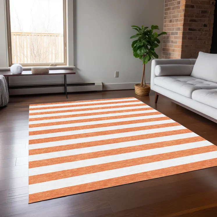 9' X 12' Salmon Striped Washable Non Skid Indoor Outdoor Area Rug