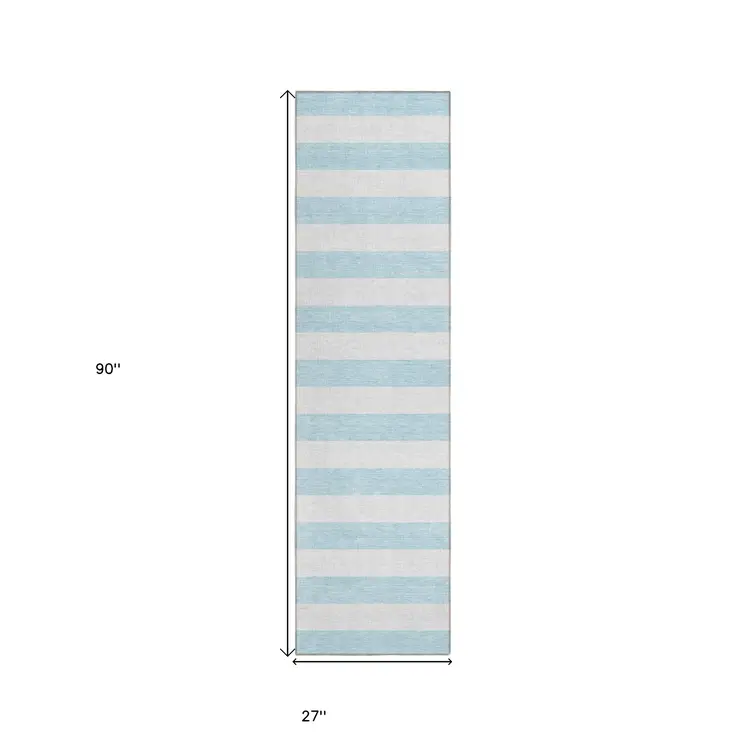 8' Runner Sky Blue Striped Washable Non Skid Indoor Outdoor Runner Rug