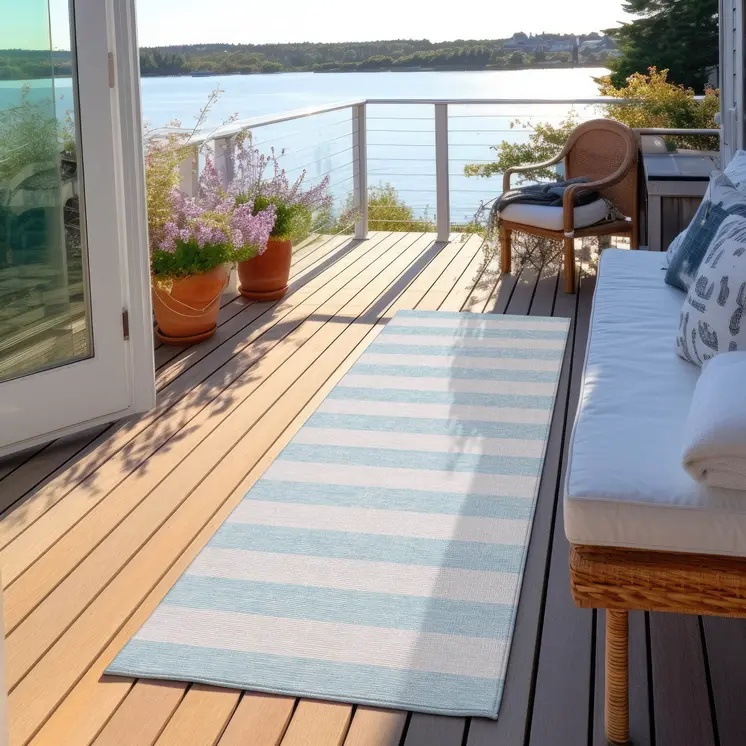 8' Runner Sky Blue Striped Washable Non Skid Indoor Outdoor Runner Rug