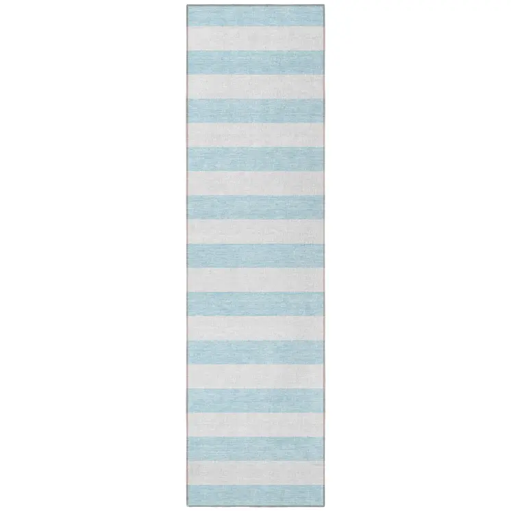 8' Runner Sky Blue Striped Washable Non Skid Indoor Outdoor Runner Rug