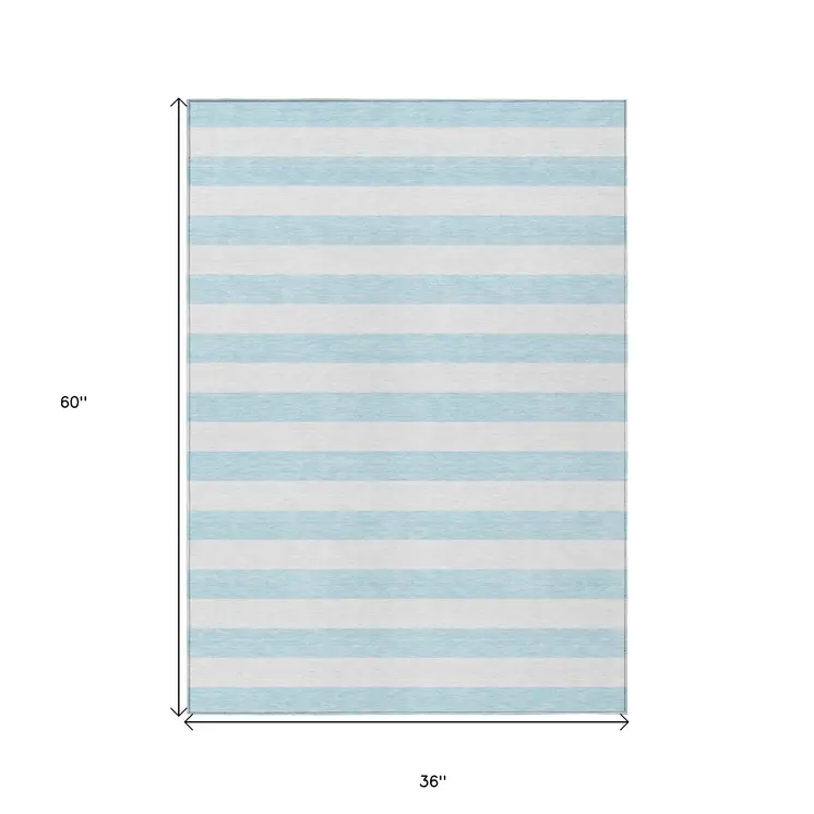 3' X 5' Sky Blue Striped Washable Non Skid Indoor Outdoor Area Rug