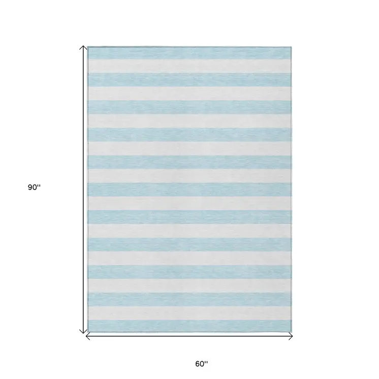 5' X 8' Sky Blue Striped Washable Non Skid Indoor Outdoor Area Rug