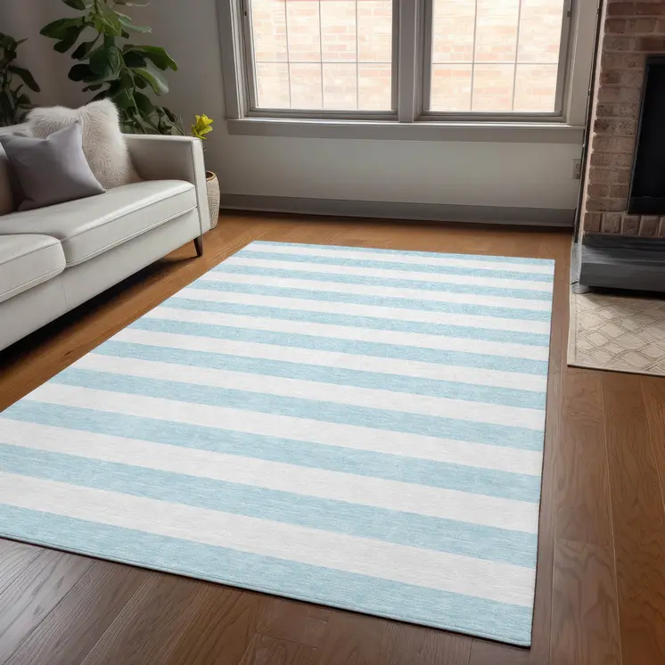 10' X 14' Blue and White Striped Washable Indoor Outdoor Area Rug