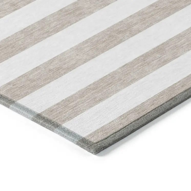 2' X 3' Taupe and White Striped Washable Indoor Outdoor Area Rug