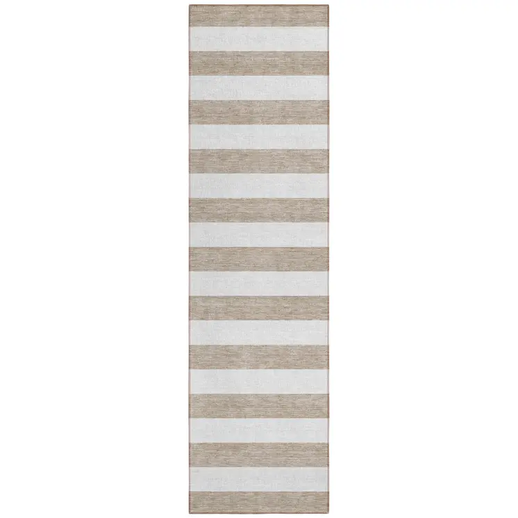 2' X 8' Taupe and White Striped Washable Indoor Outdoor Runner Rug