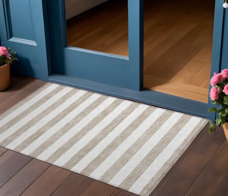 3' X 5' Taupe and White Striped Washable Indoor Outdoor Area Rug