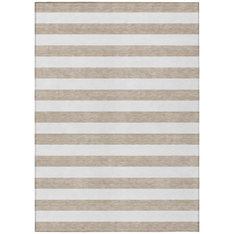 3' X 5' Taupe and White Striped Washable Indoor Outdoor Area Rug