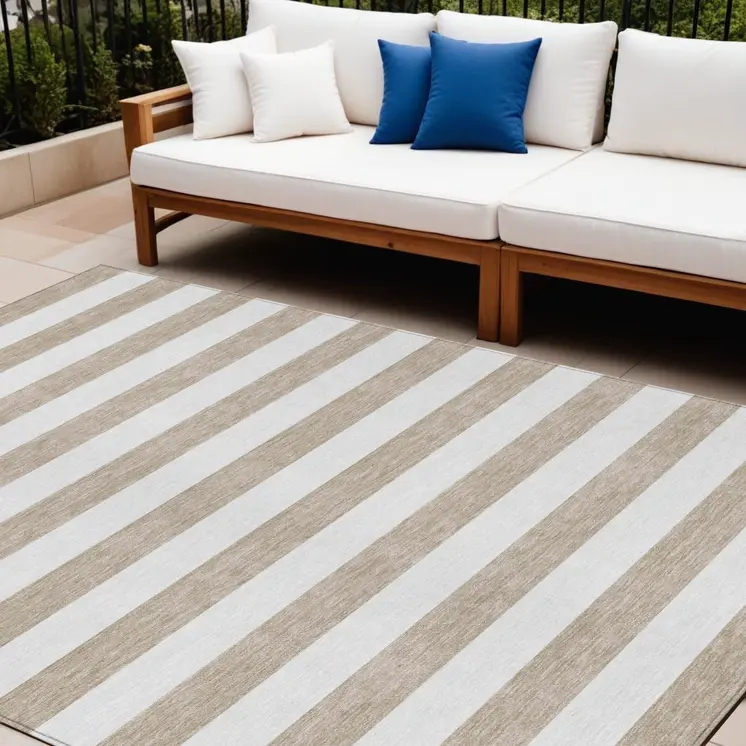 8' X 10' Taupe and White Striped Washable Indoor Outdoor Area Rug