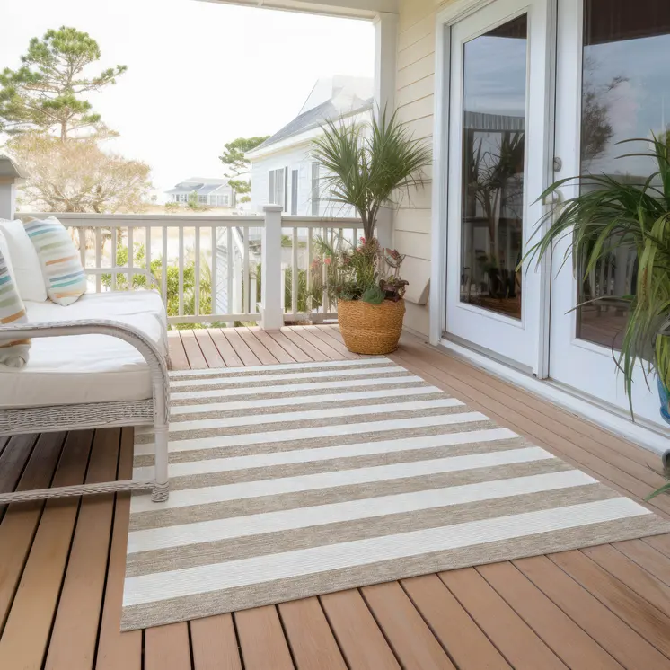 10' X 14' Taupe and White Striped Washable Indoor Outdoor Area Rug