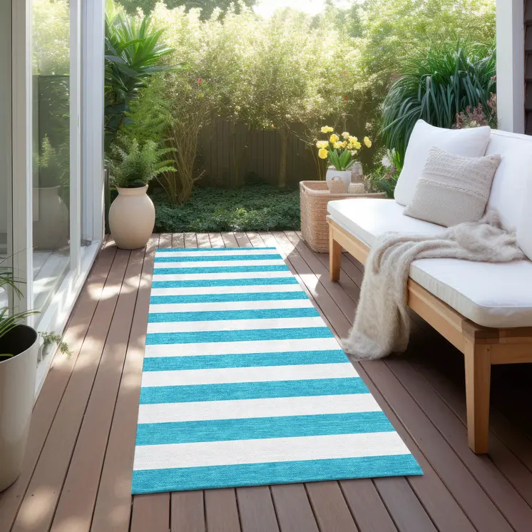 2' X 8' Teal and White Striped Washable Indoor Outdoor Runner Rug
