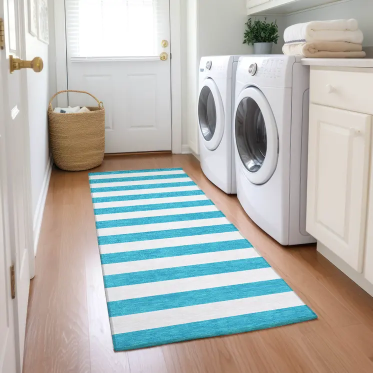 2' X 8' Teal and White Striped Washable Indoor Outdoor Runner Rug